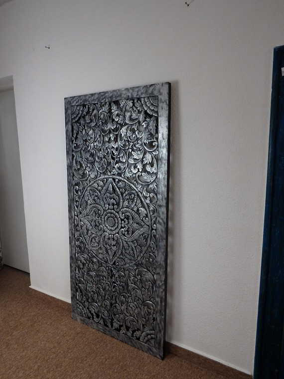 Závěsná dekorace PANEL FLOWER stříbrná tmavá, dřevo, ruční práce, 160x80 cm
