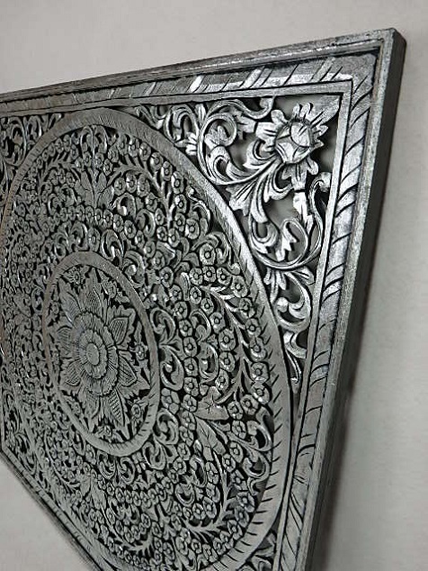 Závěsná dekorace Mandala stříbrná, 110x110 cm, ruční práce, exotické dřevo