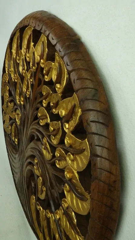 Závěsná dekorace Mandala Strom života zlatý, teakové dřevo, 90 cm