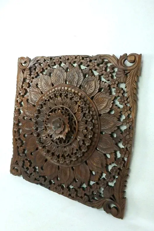 Závěsná dekorace MANDALA hranatá, LOTOS 3D, teakové dřevo