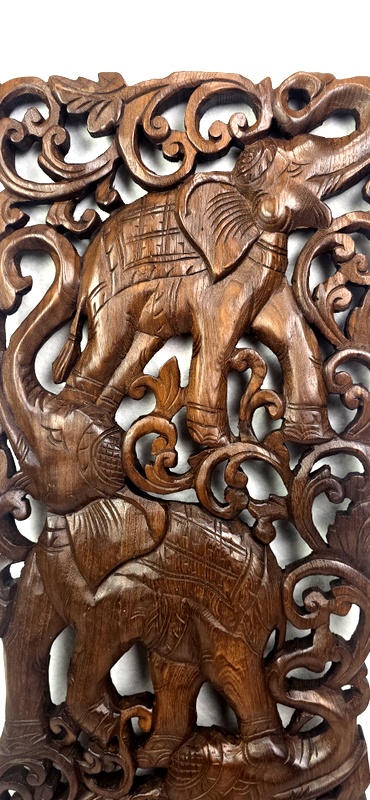 Dřevěná teaková nástěnná dekorace - ručně vyřezávané slony, teak 35x90 cm