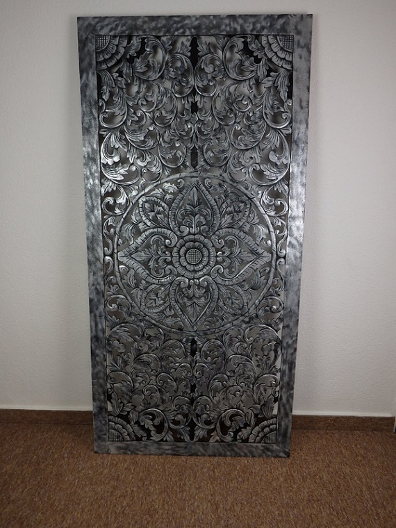 Závěsná dekorace PANEL FLOWER stříbrná tmavá, dřevo, ruční práce, 160x80 cm