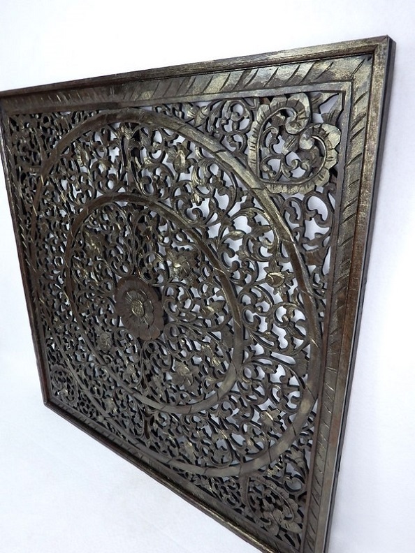 Dekorace na stěnu MANDALA hnědá/gold, 100x100 cm, exotické dřevo, ruční práce