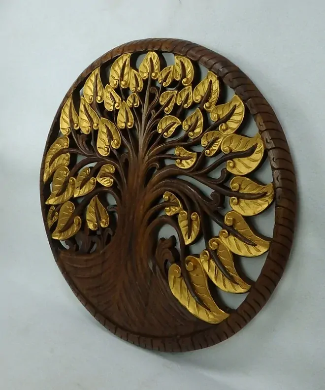 Závěsná dekorace Mandala Strom života zlatý, teakové dřevo, 90 cm