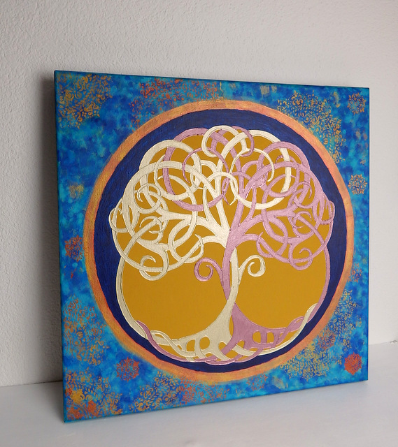 Obraz Strom života, ruční malba, modrá, 60x60 cm