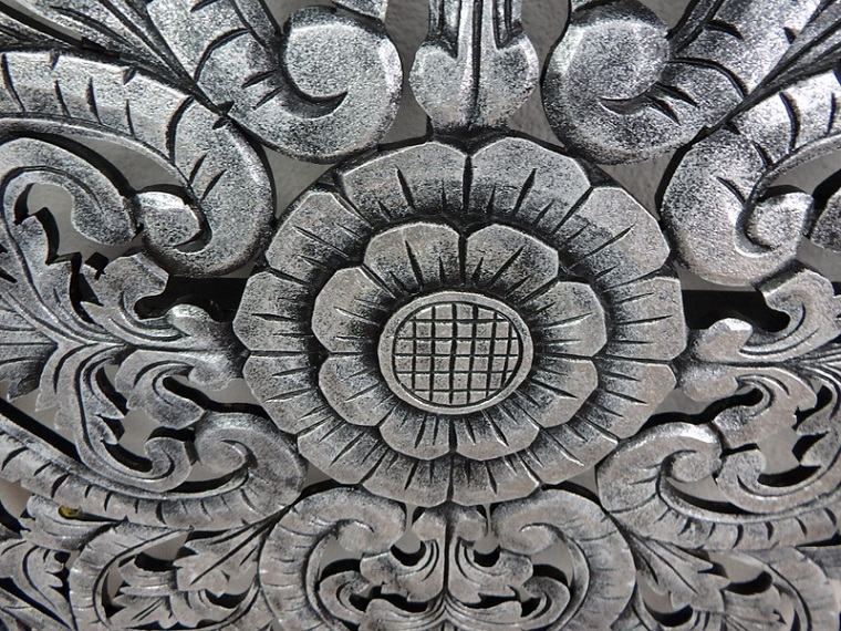 Závěsná dekorace PANEL FLOWER stříbrná tmavá, dřevo, ruční práce, 160x80 cm