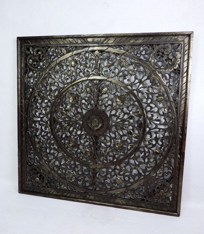 Dekorace na stěnu MANDALA hnědá/gold, 100x100 cm, exotické dřevo, ruční práce