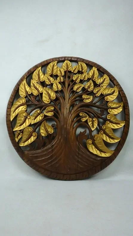 Závěsná dekorace Mandala Strom života zlatý, teakové dřevo, 90 cm