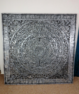 Závěsná dekorace MANDALA, stříbrno černá, dřevo, ruční práce 160x160cm