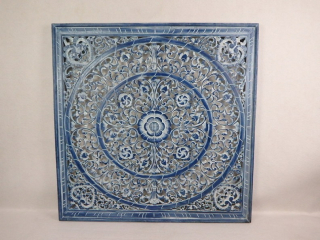 Dekorace na zeď MANDALA modrá, 100x100 cm, exotické dřevo, ruční práce