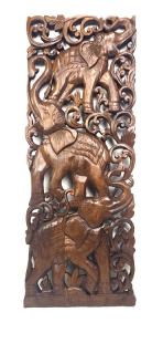 Dřevěná teaková nástěnná dekorace - ručně vyřezávané slony, teak 35x90 cm